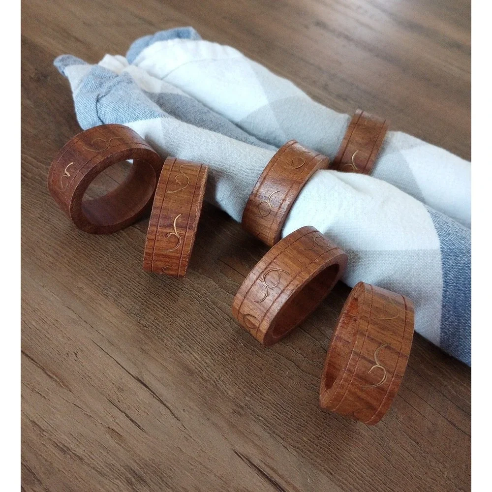 VTG Mid-Century Modern Set of 6 Wood Napkin Rings W/ Brass Inlay Made in India